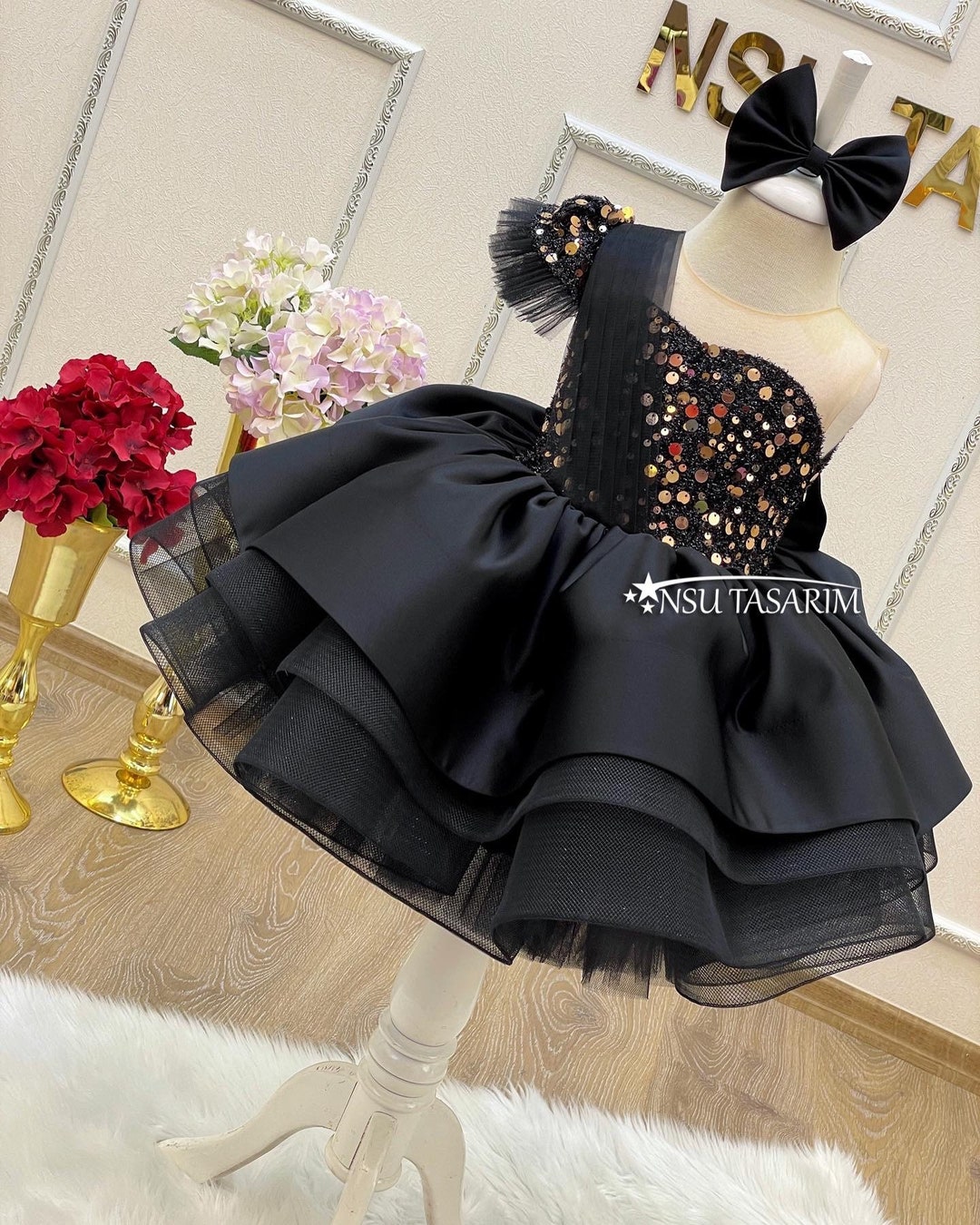 Black Gold Sequin Dress. Baby Girl Dress. Baby Dress Black. Black