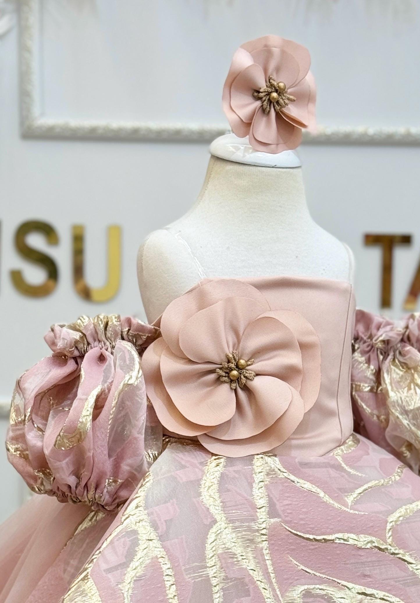 Princess Peach Dress, Full Length Baby Ball Gown, Peach and Gold Lace Flower Girl Dress, Toddler Couture Gown
