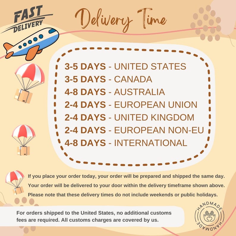 The image is a delivery time chart that provides the estimated delivery time for orders placed in different countries and regions. It includes the United States, Canada, Australia, Europe, the United Kingdom, and the European Union. The chart also includes a note that these delivery times do not include weekends or public holidays.