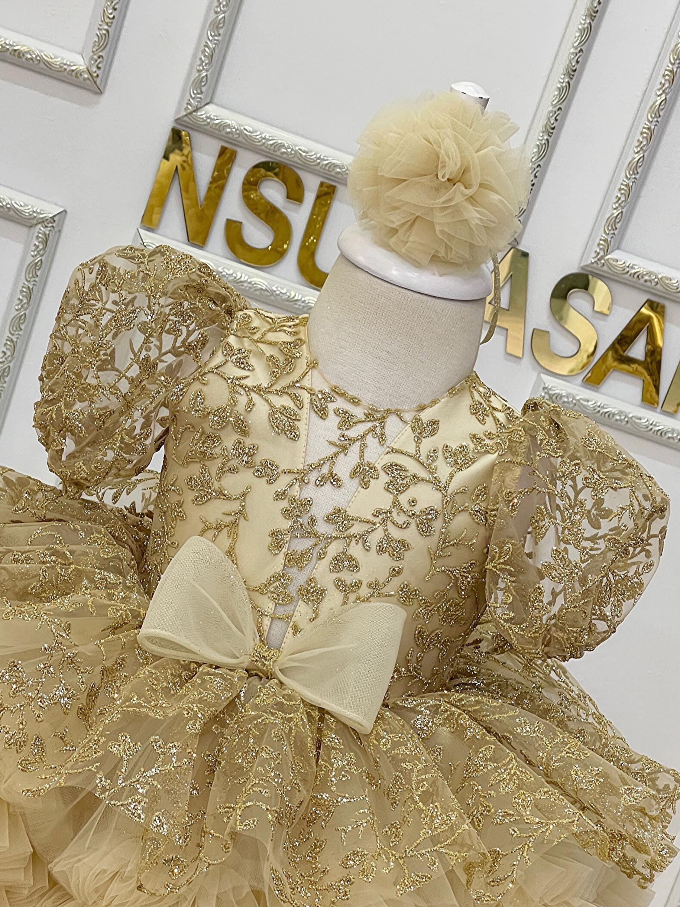 Gold Lace Tulle Baby Girl Dress, Christening Gown, Birthday Party Outfit  With Headband - Etsy