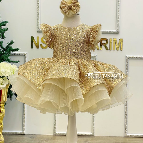 gold baby dresses Luxurious Baby Girl Dress Children Pageant Gold Sequin Birthday Princess Dress, Gold / 9-10 Years (150cm) main image 0