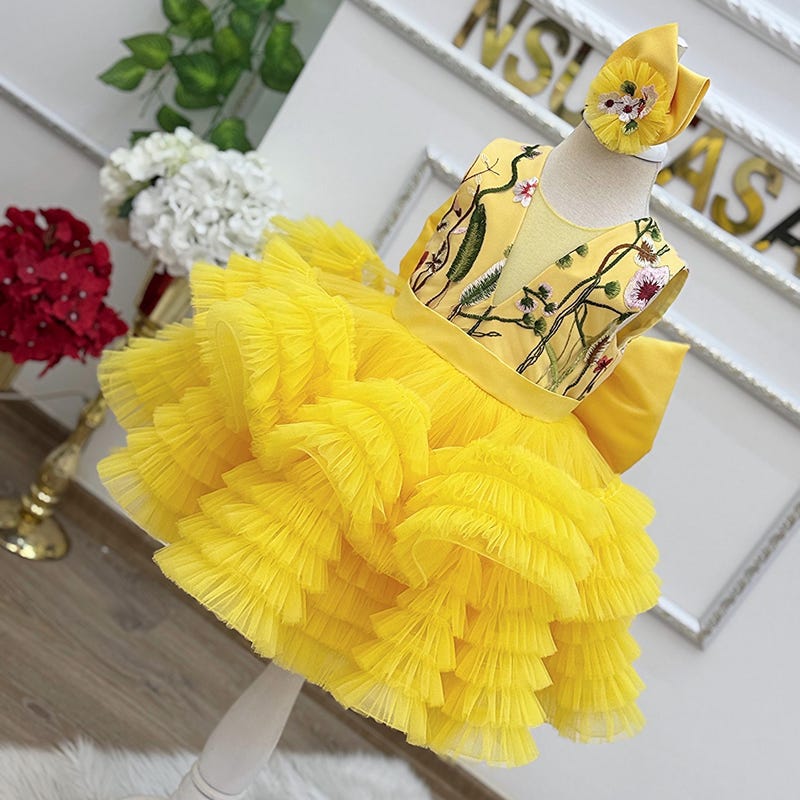 DRESS & Fleur Baby Girls Floral Dress with Headband in Yellow