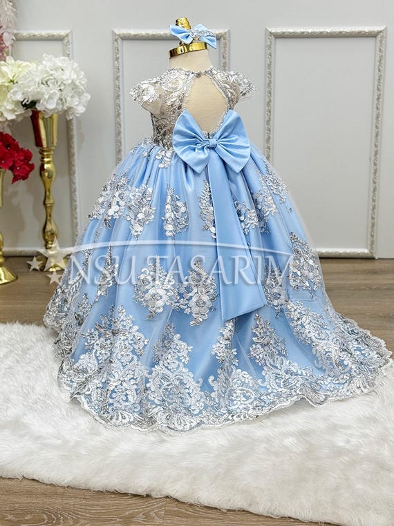 Blue Princess Gown With Silver Lace, Long Train, Hair Accessory - Etsy