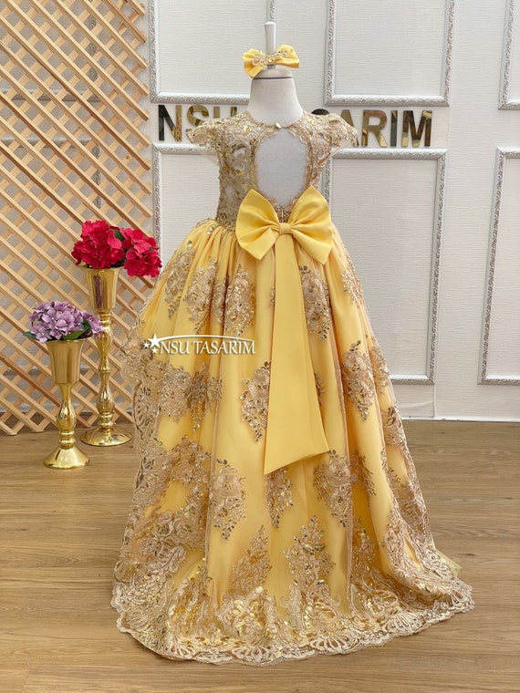Shop Kids Girls Yellow Embroidered Boat Neckline Gown Party Wear Online at  Best Price | Cbazaar