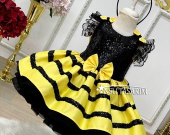 Disfraz de abeja zumbadora, vestido amarillo de lentejuelas, conjunto para bebé niña