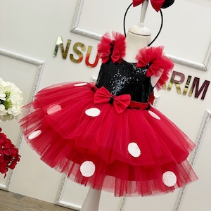 Rode Minnie Mouse-jurk. Jurkje voor babymeisje. Minnie Mouse verjaardagsjurkje. Minnie Mouse-kostuum. Voor speciale gelegenheid. Handgemaakt!