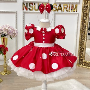 Red Minnie Mouse dress. Baby girl dress. Minnie mouse birthday dress. Sparkle and pearl minnie dress. For special occasion. Handmade image 1