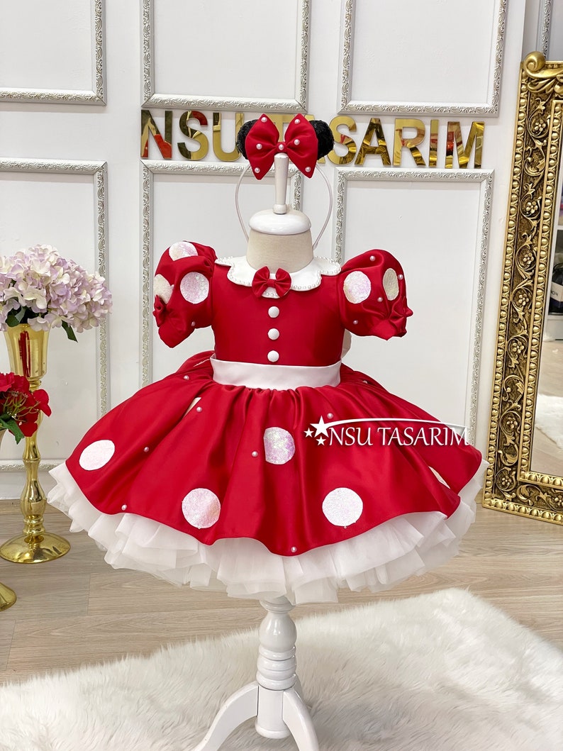 Red Minnie Mouse dress. Baby girl dress. Minnie mouse birthday dress. Sparkle and pearl minnie dress. For special occasion. Handmade image 1