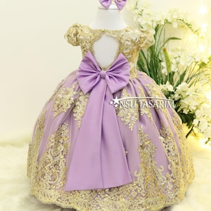 Baby Princess lilac party dress. Lavender and golden dress. Full length. Lavender and Sparkle gold lace. For special occasion.