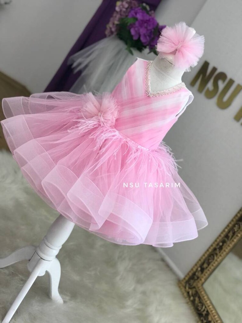 Pink Baby Girl Dress. First Birthday Dress. Feather Belt and Etsy