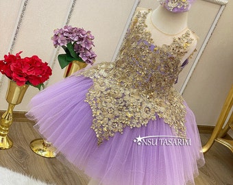 1st birthday dress baby girl. Lavender and gold baby girl dress Party dress. For special occasion. Handmade!