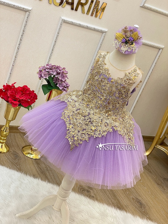 1st Birthday Dress Baby Girl. Lavender and Gold Baby Girl Dress Party Dress. for Special Occasion. Handmade Etsy