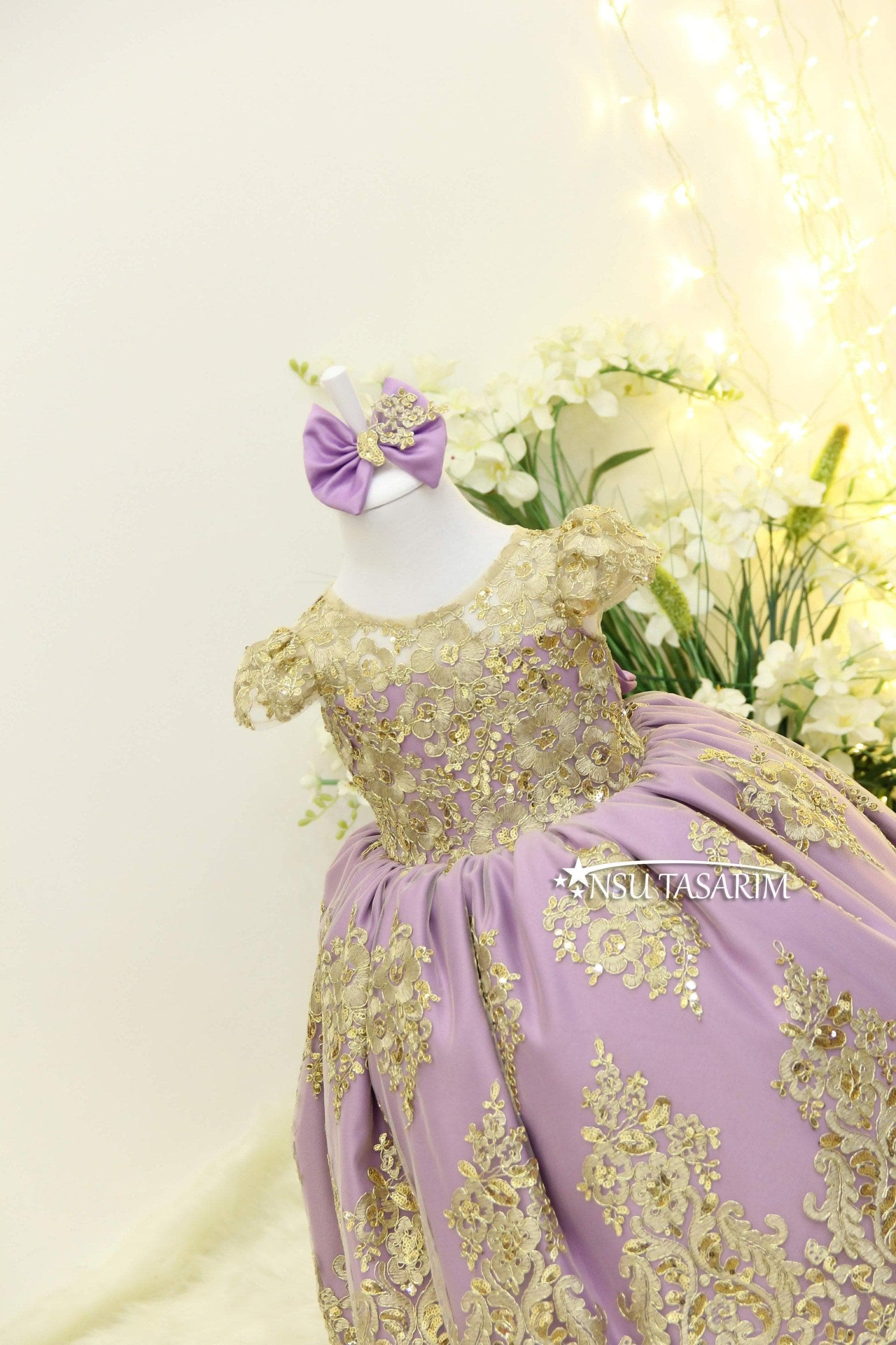 fitted lace wedding dress Elegant Purple and Gold High-Low Dress with Statement Details Purple/Gold / 10
