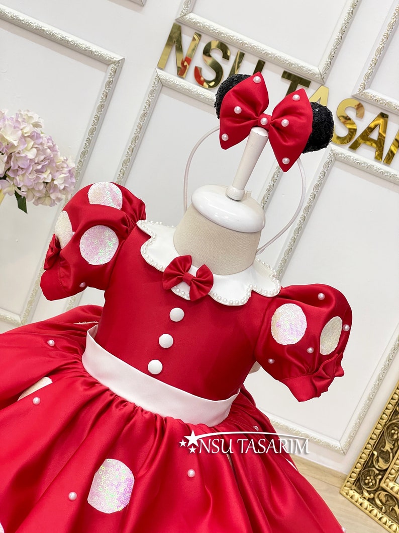 Red Minnie Mouse dress. Baby girl dress. Minnie mouse birthday dress. Sparkle and pearl minnie dress. For special occasion. Handmade image 3