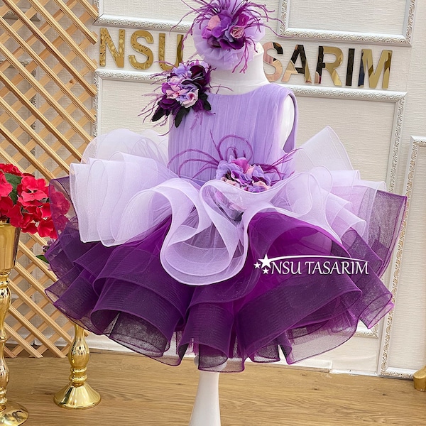 Purple Baby Girl Dress  3d flowers. Birthday tutu dress. Girl party dress. for special occasion. Handmade!
