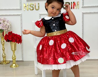 Red Minnie dress. Baby girl dress. Minnie mouse birthday dress. Red black sequin. Sparkle minnie dress. For special occasion. Handmade