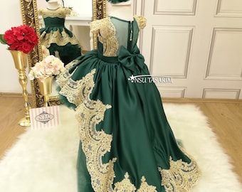 Emerald and gold  baby girl dress. For special occasion. High low. Couture gown. Handmade!