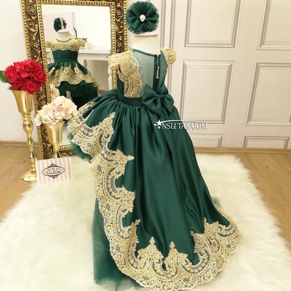 Emerald and gold  baby girl dress. For special occasion. High low. Couture gown. Handmade!