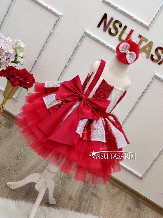 Weihnachtskleid Für Mädchen – Rot Glitzernd, Langärmelig Mit Schleife, Aus Weichem Polyester, Perfektes Festtags-Outfit