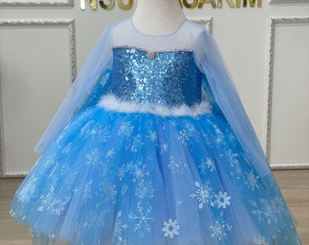 Princess Frozen dress Short Version, Elsa costume, Frozen elsa baby girl dress, Elsa flower girl dress. knee length elsa costume birthday.