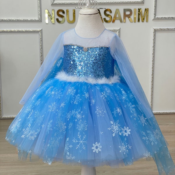 Princess Frozen dress Short Version, Elsa costume, Frozen elsa baby girl dress, Elsa flower girl dress. knee length elsa costume birthday.