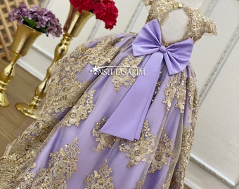 Baby Princess lilac party dress. Lavender and golden dress.  Lavender and Sparkle gold lace. For special occasion, high low designs.