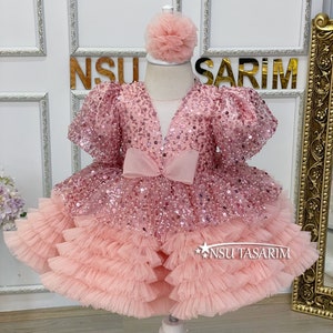 Sequin blush  dress. Luxury Kids dress. Sparkle blush dress. Baby girl dress. Birthday dress.