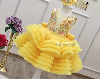 Yellow baby girl dress. Baby party dress. 1st birthday dress baby girl, yellow princess dress, yellow puffy dress,  yellow toddler dress