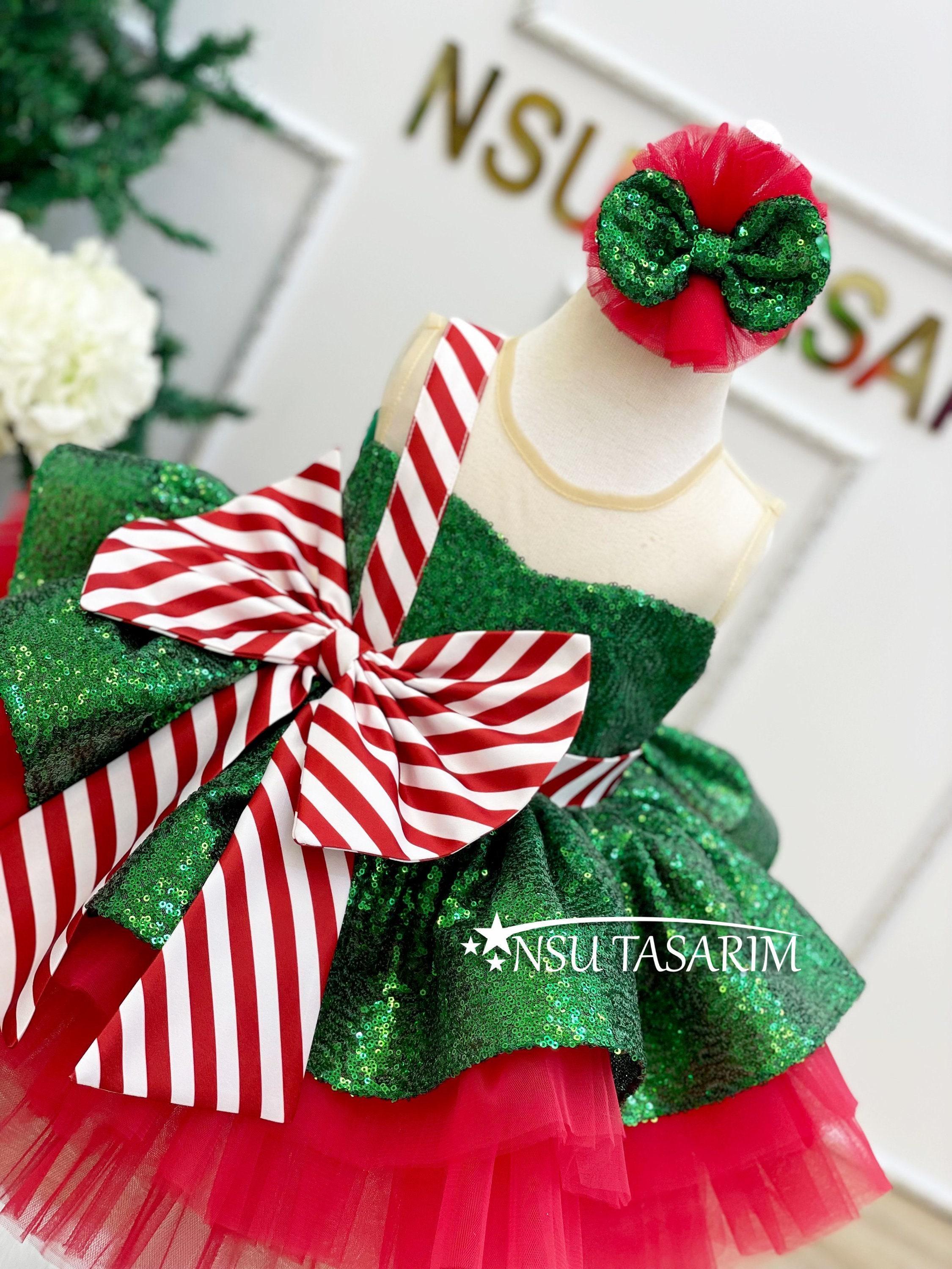 Christmas Sequin Baby Dress with Bow, Holiday Girl Dress, Hair Accessory Included