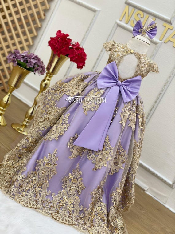 Baby Princess lilac party dress. Lavender and golden dress. Lavender and Sparkle gold lace. For special occasion, high low designs.
