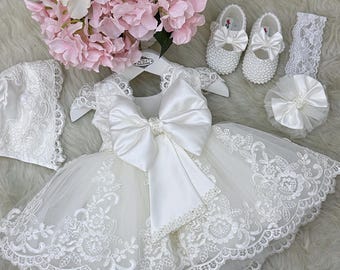 Taufkleid Baby Mädchen Taufkleid Set mit Mütze Schuhe und Stirnband