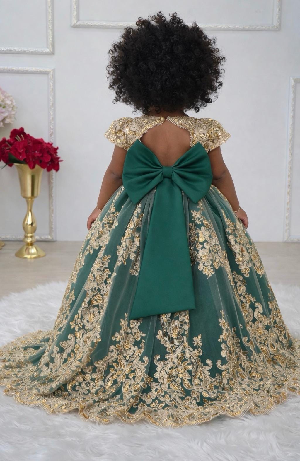 Emerald Gold Flower Girl Dress Pageant Gown Toddler Couture Luxury High Low  Apparel - Etsy