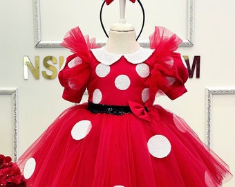 Disfraz de Minnie Mouse. Disfraz de Minnie Mouse para bebé niña. Vestido de cumpleaños de Minnie Mouse. Vestido rojo de minnie. Vestido de primer cumpleaños.