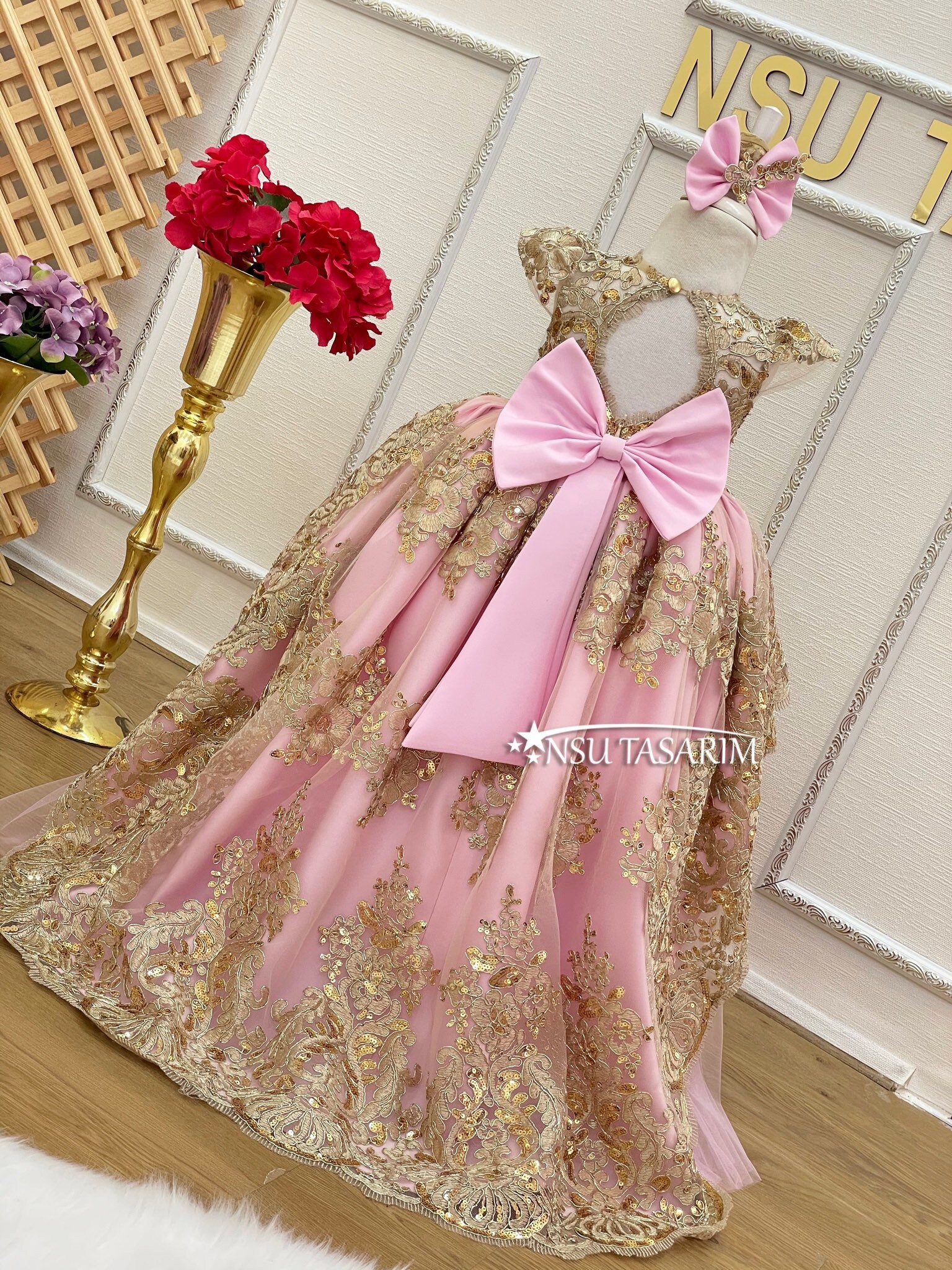 Baby Girl Dress. Pink Gold. Sparkle Gold Lace. for Special Etsy