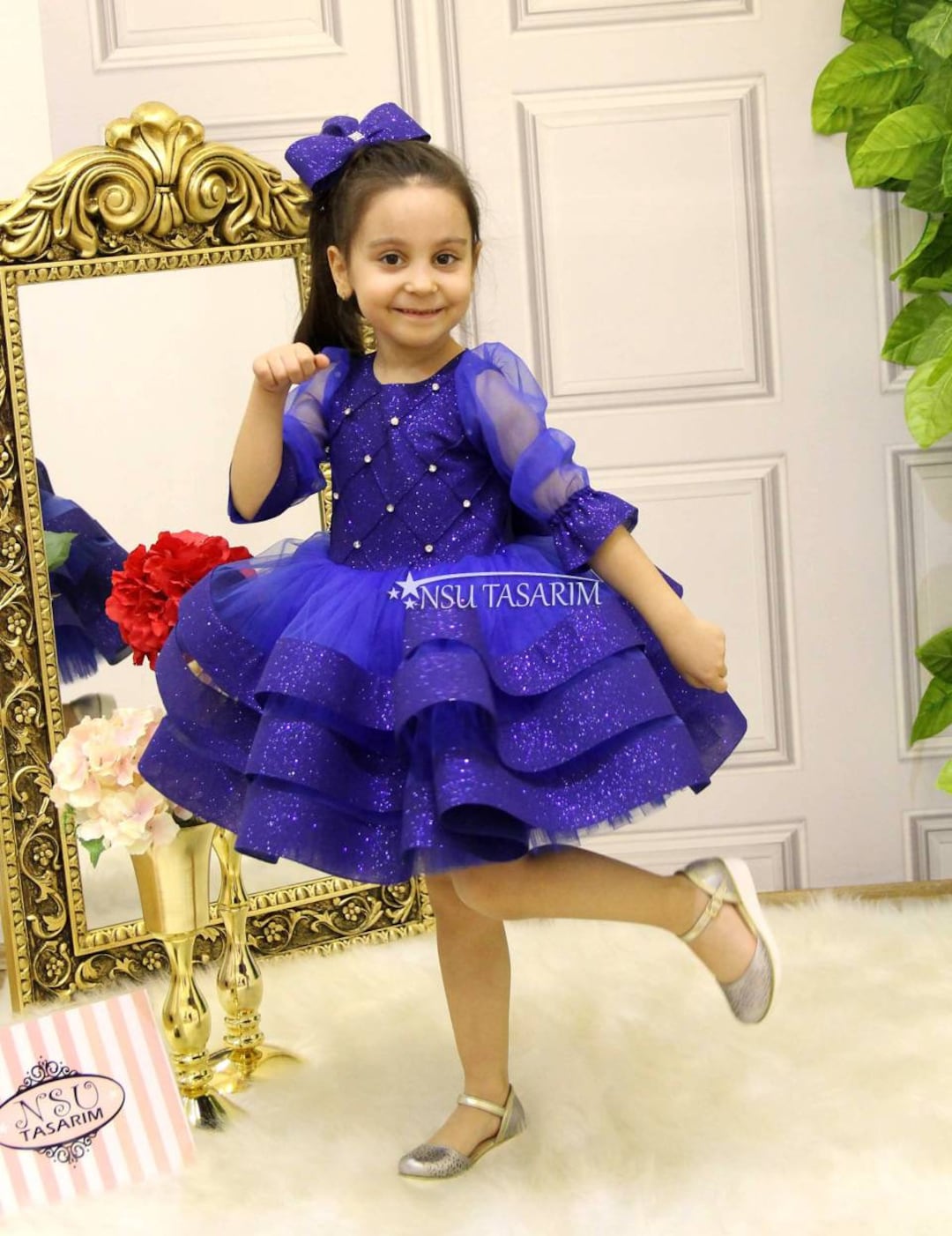 bleu royal Perlé Enfants Princesse Robe petites filles Beauté Pageant robe  Puffy Fleur Fille Anniversaire Robe Photographie Robes