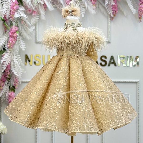 Girl gold lace overlay, Special pleated skirt dress. Crystal stones and feathers, Gold sequin lace dress, toddler dress