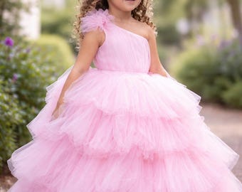 Rosa Luxus Geschenk ersten Geburtstag Blumenmädchen Fee Kleid lange Couture Kleidung