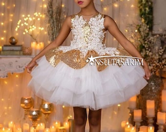 Wedding Party First Birthday Flower Girl Fairy Dress Gold Sequin Lace Costume