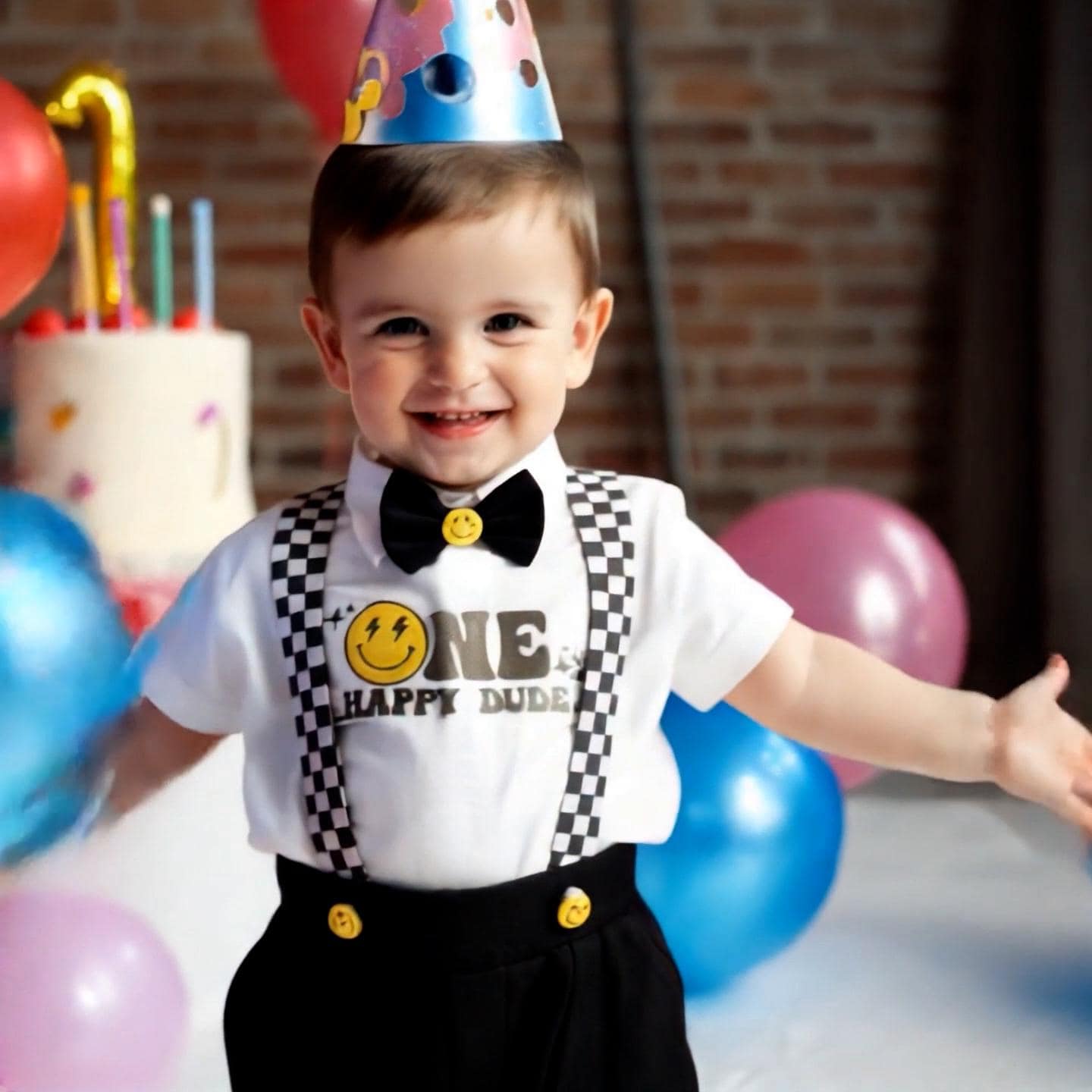 One Happy Dude Birthday Outfit - Custom 1st Birthday Boy Shorts Set with Smiley Suspenders & Bow Tie