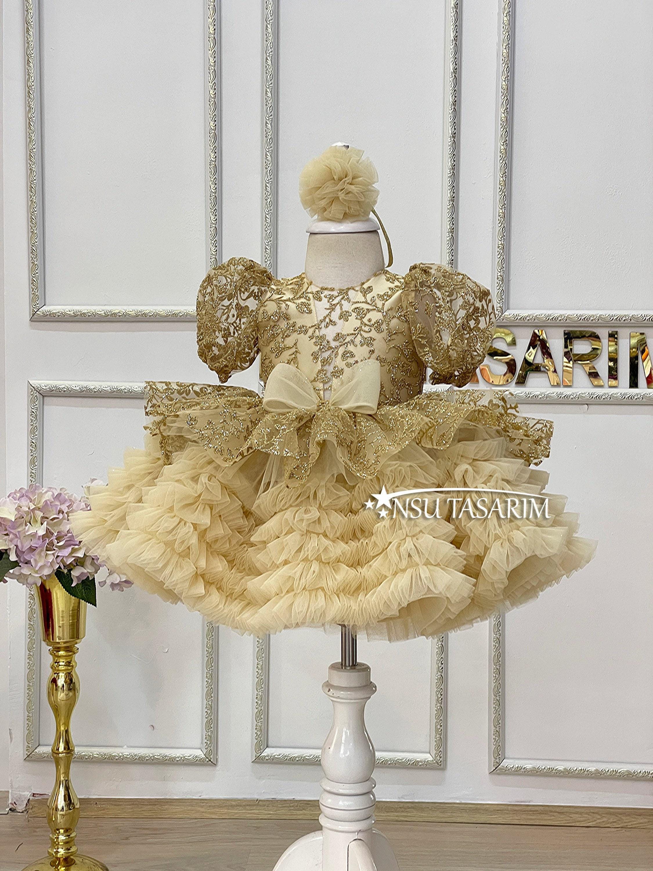 Gold Lace Tulle Baby Girl Dress, Christening Gown, Birthday Party Outfit with Headband