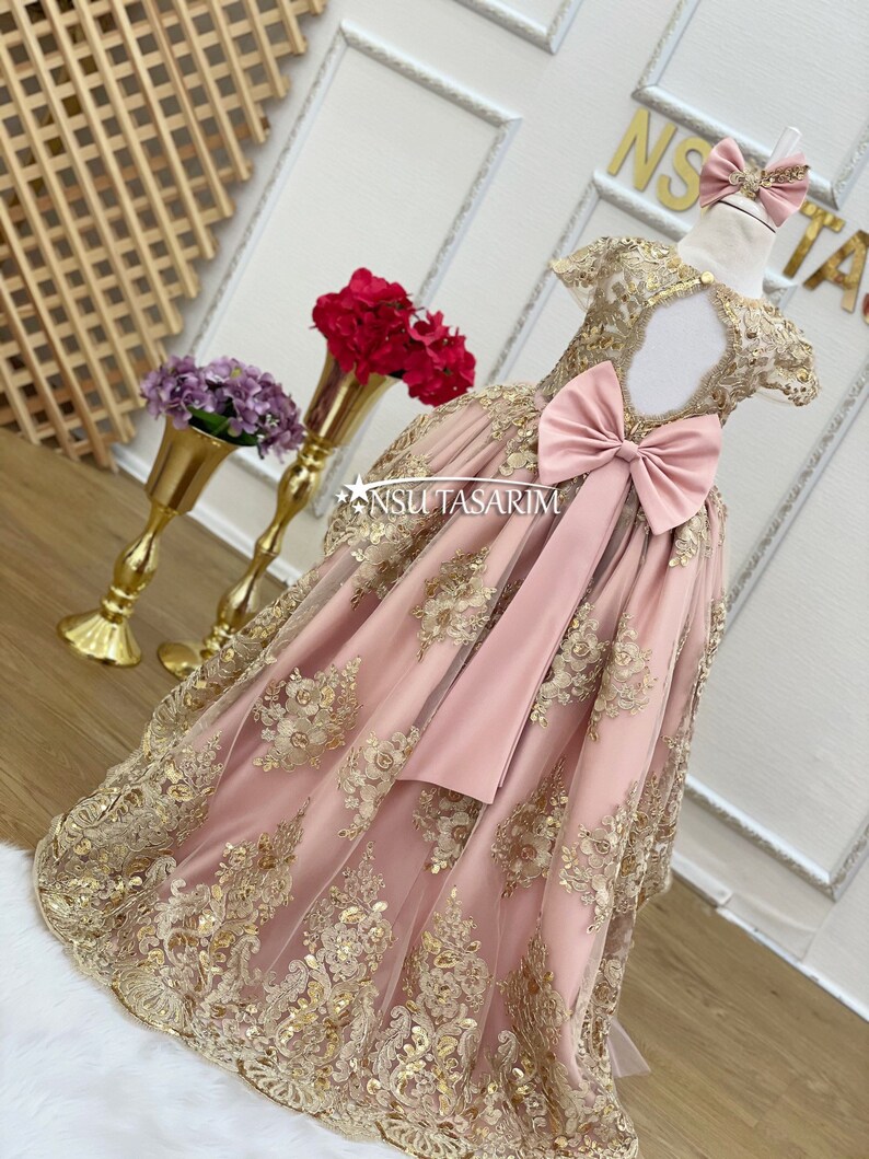 Baby girl dress. Pink gold. Sparkle gold lace. For special occasion, high low,  princess gown, couture gown.
