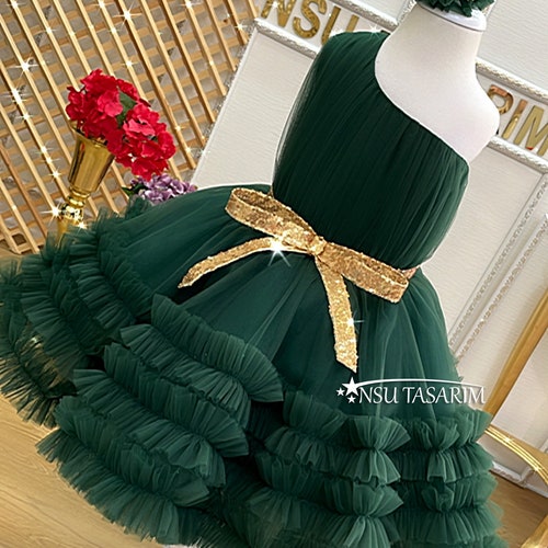 Emerald and gold  baby girl dress. For special occasion. High low. Couture gown. Handmade!