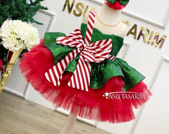 Weihnachten Pailletten Babykleid mit Schleife, Urlaub Mädchen Kleid, Haarschmuck inklusive