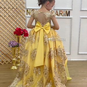 Baby Princess party dress. Belle dress.  Yellow and Sparkle gold lace. High low. For special occasion, high low designs.