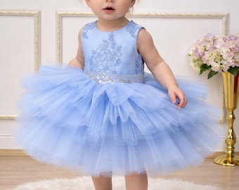 Baby Girl Blue Sequin Dress, Handmade 1st Birthday Outfit with Headband