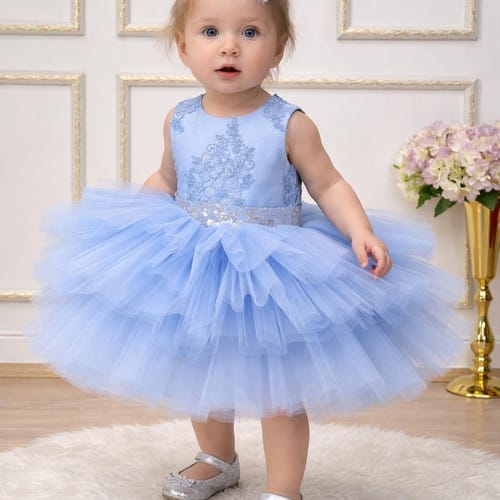 Baby Girl Blue Sequin Dress, Handmade 1st Birthday Outfit with Headband Baby Girl Blue Sequin Dress, Handmade 1st Birthday Outfit with Headband