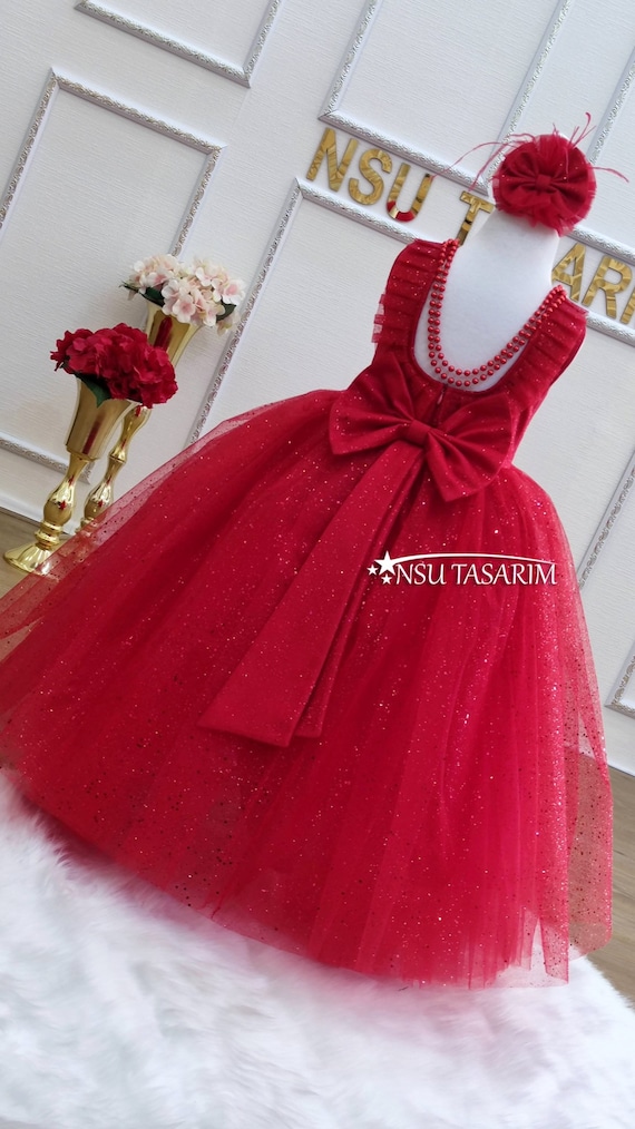 Toy Balloon Kids Red Full Length Girls Party Wear Gown Dress