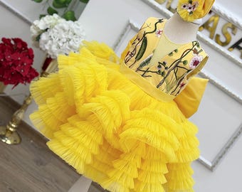 Floral Yellow Tulle Baby Dress, Birthday Party Outfit, Handmade