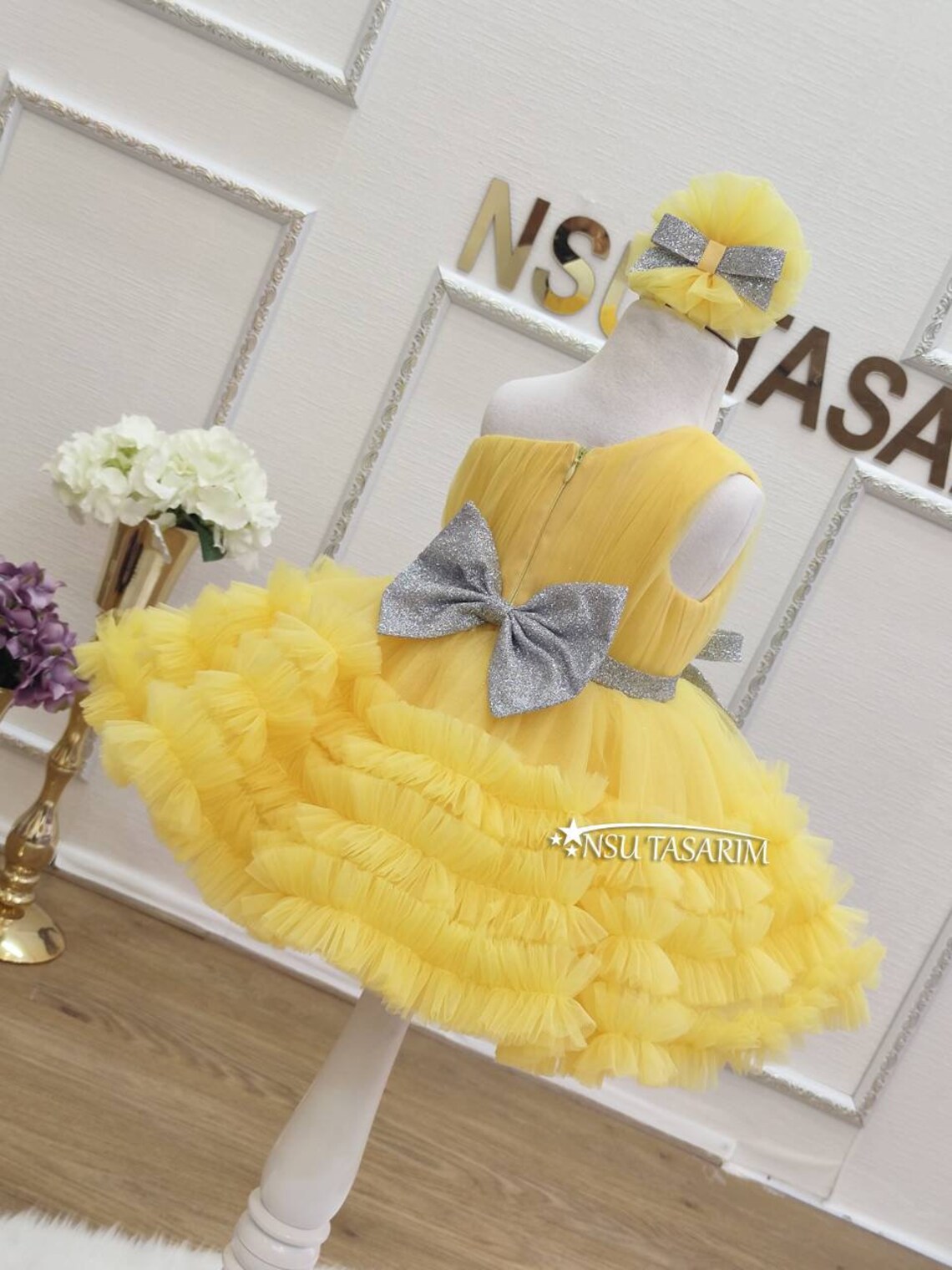Baby Girl Yellow Dress. Shiny Bow. Brithday Dress. for Special Etsy