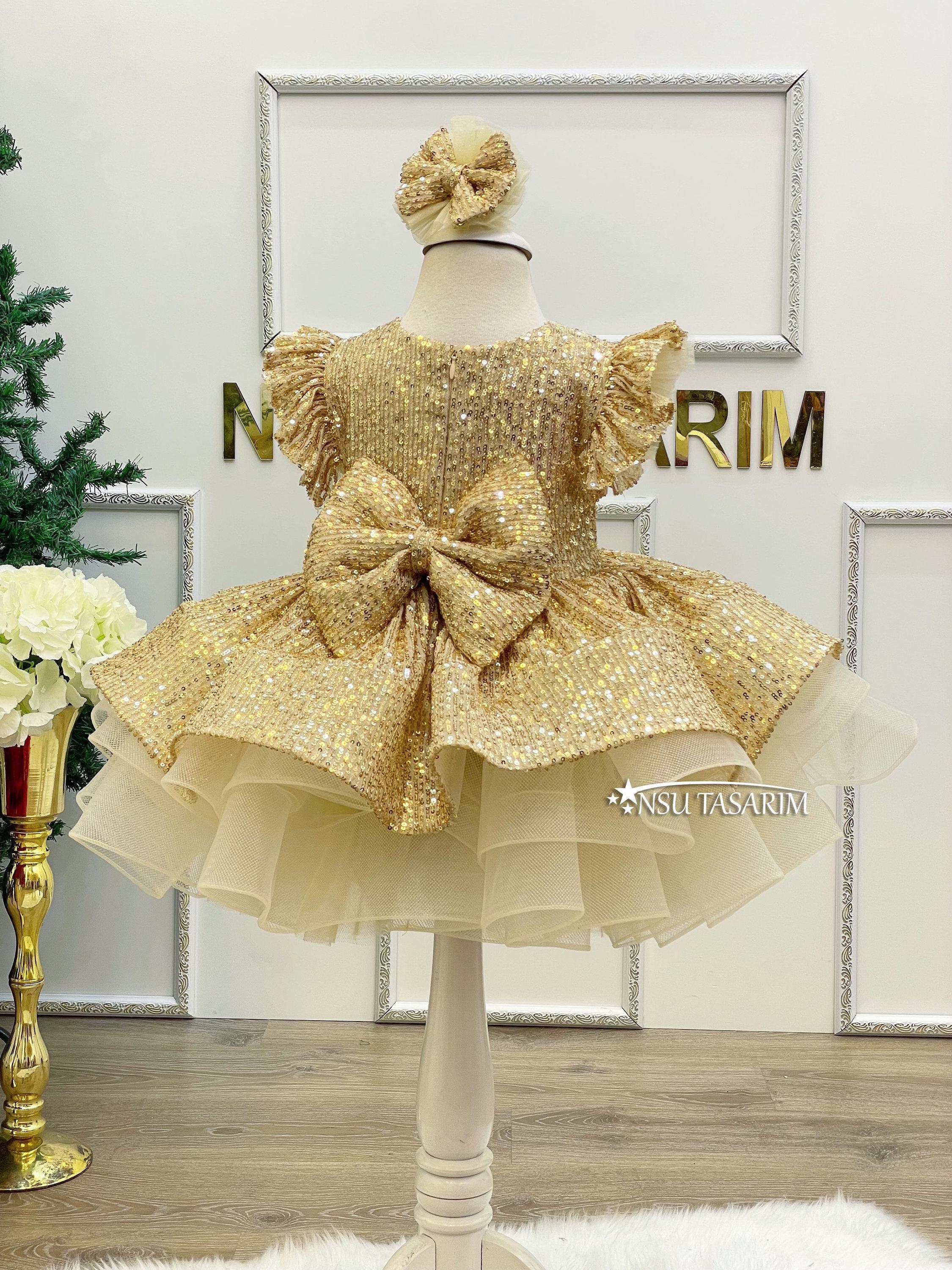 Shimmer in Style: Our Gold Sequin Holiday Dress for Girls, Glittering in Gold Christmas Dress for Your Little Princess. Gold Baby Girl Dress